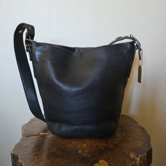 Vintage Coach Legacy Gloved Tan 9186 Black Leather Bucket Shoulder Bag Hobo - Picture 15 of 16